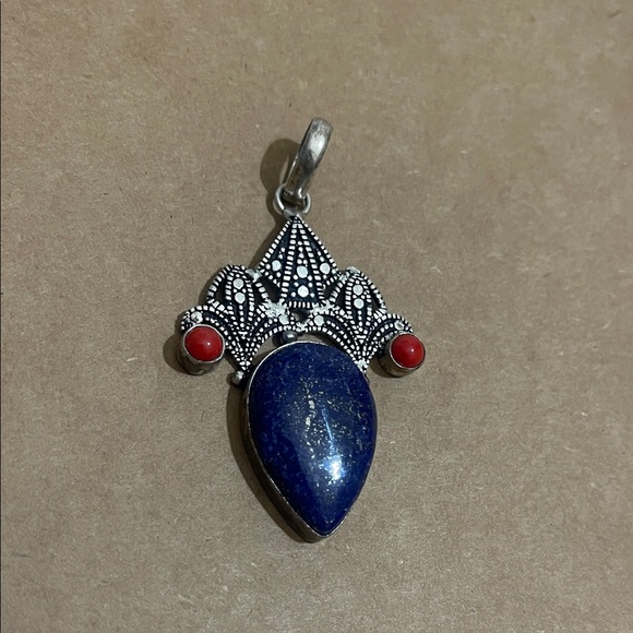 Sterling Silver Lapiz Lazuli and Coral Pendant, Gemstone and Sterling Silver! - Picture 4 of 13
